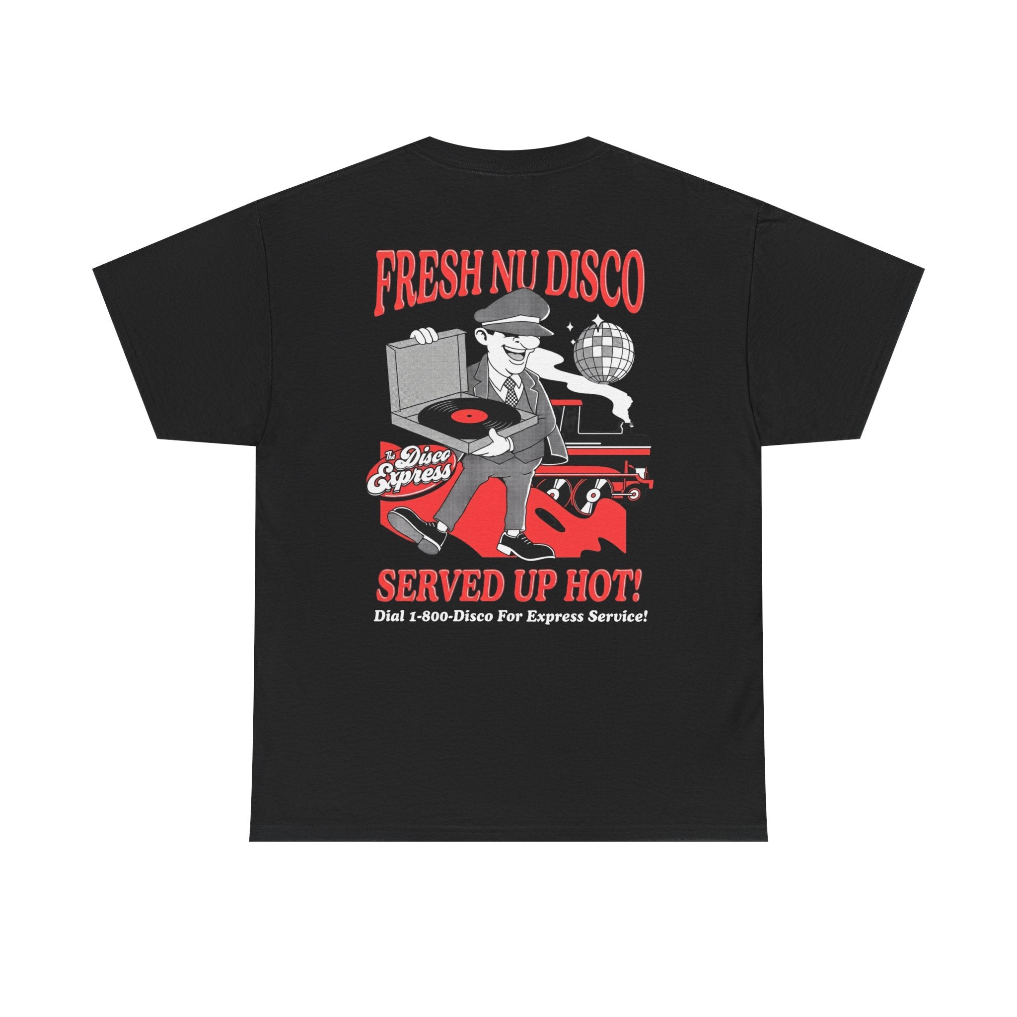 Fresh Nu Disco, Served Up Hot! - Red Illustrated Character Tee on Black