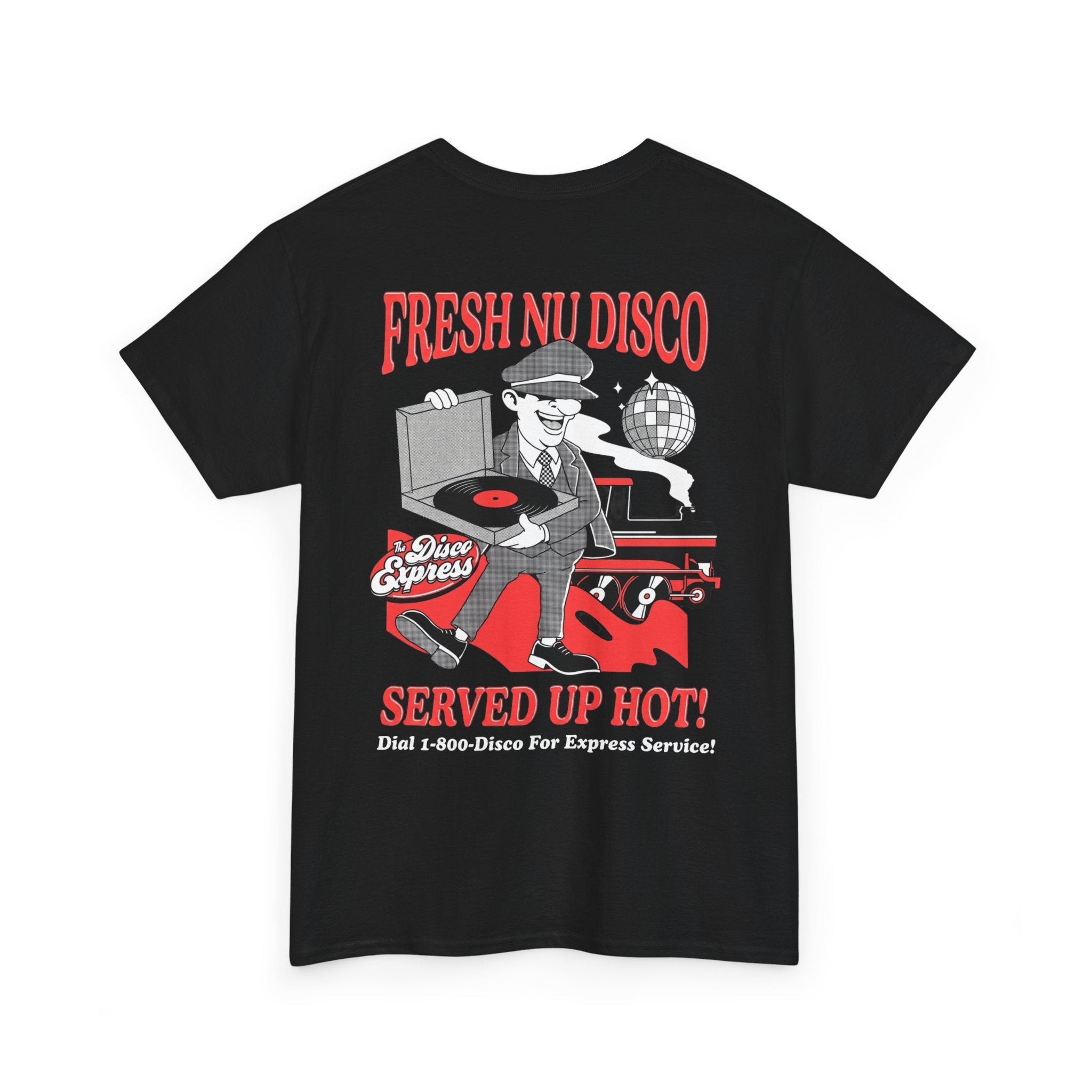 Fresh Nu Disco, Served Up Hot! - Red Illustrated Character Tee on Black