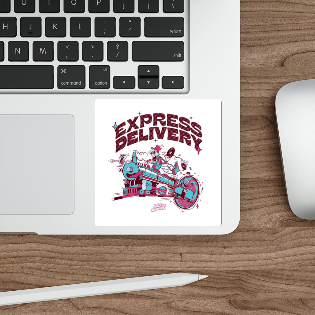 Express Delivery Die-Cut Sticker - Retro Train Cartoon Graphic