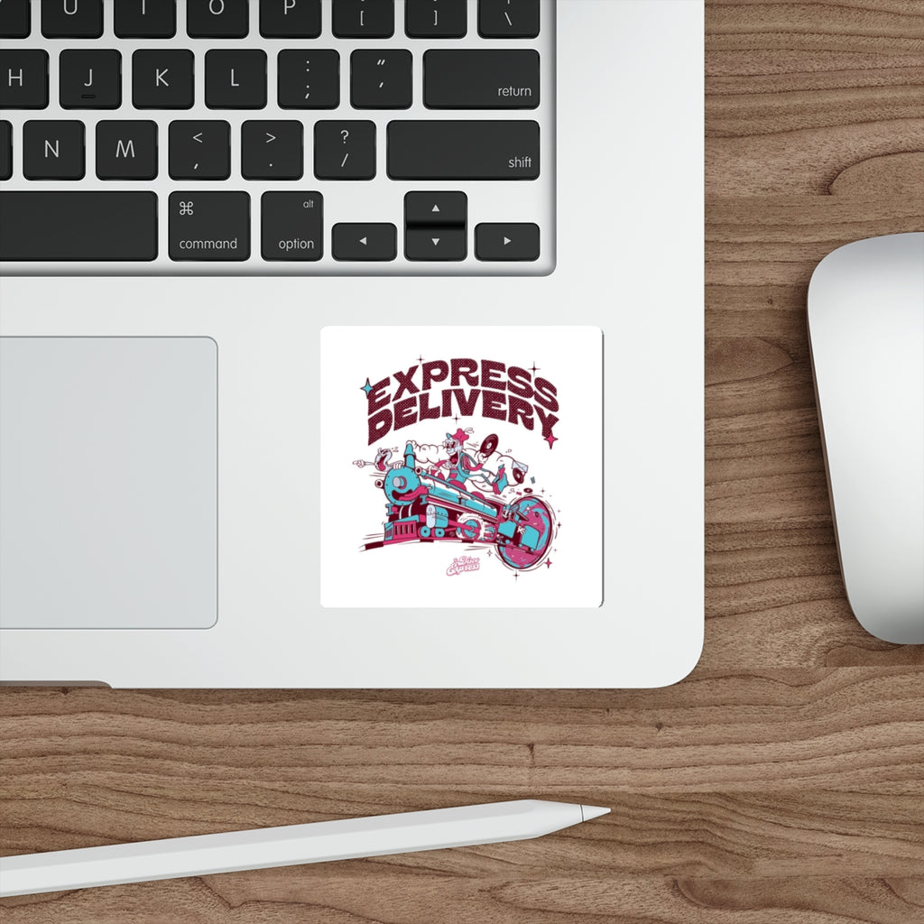 Express Delivery Die-Cut Sticker - Retro Train Cartoon Graphic